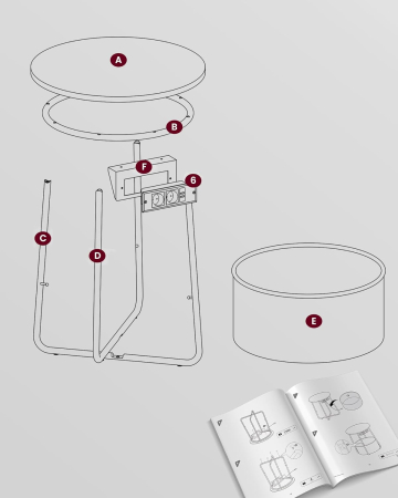 Masuta de cafea rotunda cu cos de stofa, statie de incarcare 2 prize si 2 USB, 45x50cm, gri argintiu [6]