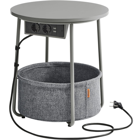 Living & hol - Masuta de cafea rotunda cu cos de stofa, statie de incarcare 2 prize si 2 USB, 45x50cm, gri argintiu