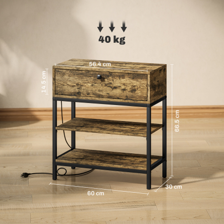  Masuta de Canapea cu Sertar si 2 Rafturi in Stil Industrial, din Lemn si Metal, 60x30x66.5 cm, Negru si Maro [2]