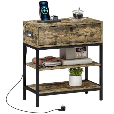 Living & hol -  Masuta de Canapea cu Sertar si 2 Rafturi in Stil Industrial, din Lemn si Metal, 60x30x66.5 cm, Negru si Maro