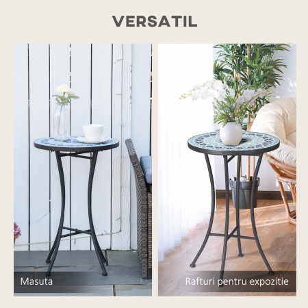 Masuta de Gradina Rotunda din Metal  cu Blat din Ceramica, Design tip Mozaic, Ф35,5x53,5 cm, Albastru [4]