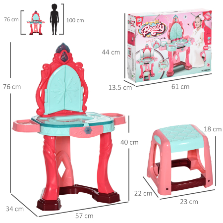  Masuta de toaleta pentru fetite cu scaun, oglinda, lumini si accesorii, din PP si GPPS, 57x34x76 cm, multicolor [2]