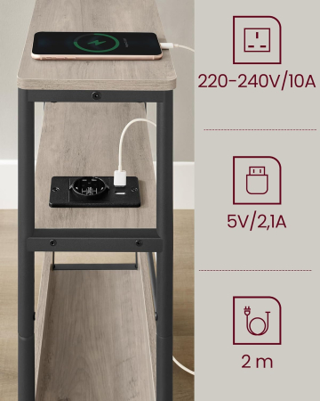 Masuta ingusta cu priza si porturi de incarcare USB, 3 rafturi, 45x18x58 cm, gri [6]