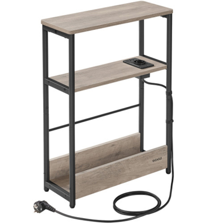 Living & hol - Masuta ingusta cu priza si porturi de incarcare USB, 3 rafturi, 45x18x58 cm, gri