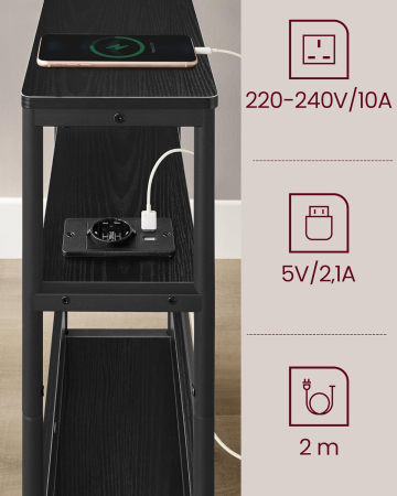 Masuta ingusta cu priza si porturi de incarcare USB, 3 rafturi, 45x18x58 cm, negru [5]