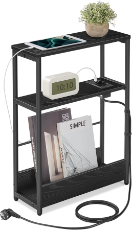 Masuta ingusta cu priza si porturi de incarcare USB, 3 rafturi, 45x18x58 cm, negru [2]