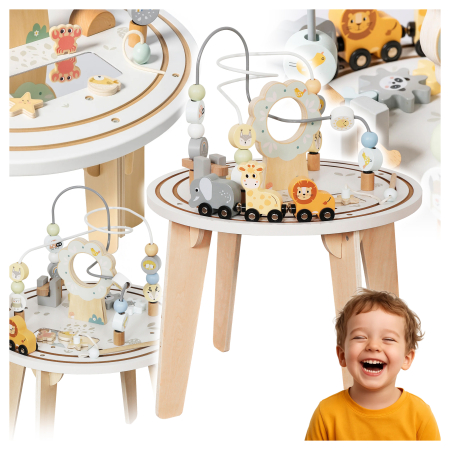Masuta interactiva din lemn pentru copii cu labirint si jocuri motorii, 54 cm, multicolor [9]
