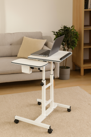 Masuta laptop reglabila cu 2 blaturi acrilice, pe roti cu blocare, 60-90 cm, alb perlat [2]