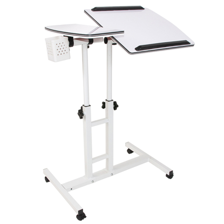 Birouri - Masuta laptop reglabila cu 2 blaturi acrilice, pe roti cu blocare, 60-90 cm, alb perlat
