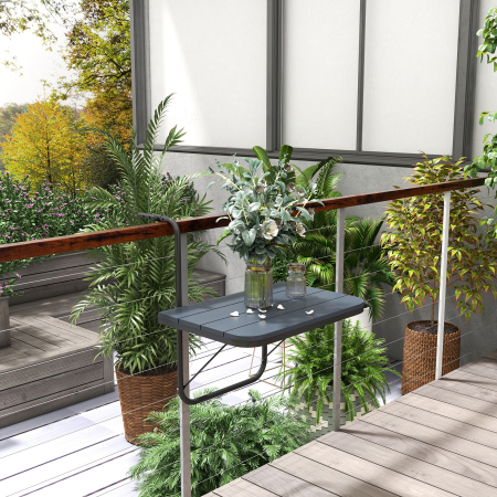  Masuta Pliabila si Reglabila pentru Balcon, Masa Suspendata pentru Balustrada, din Aluminiu si Plastic cu Efect de Lemn, Suport pentru Plante sau Gustari, Negru [1]