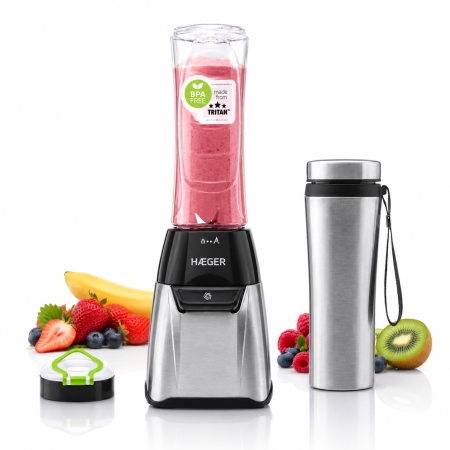 Blendere & tocatoare - Mini blender HAEGER SPORTS, Putere 350 W, Pahar TRITAN 600 ml, Bidon termic din inox, 4 Lame din inox, Inox