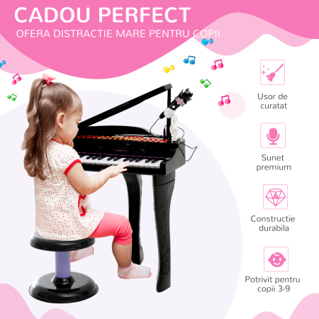 Mini Pian Copii - Cu Microfon si Scaunel, Negru [3]