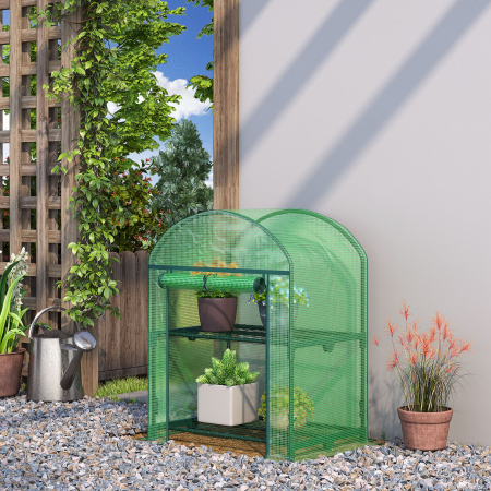  Mini Sera de Gradina cu 2 Rafturi Metalice si Acoperis PE, Sera Compacta pentru Balcon si Terasa, 69x49x91 cm, Verde [1]