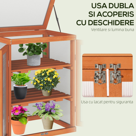  Mini Sera de Gradina cu 3 Etajere din Lemn de Brad si Policarbonat, Deschidere Laterala si Frontala, 58x44x78cm, Portocaliu [4]