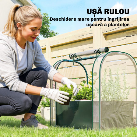  Mini Sera de Gradina cu Sac de Plantare, Sera pentru Gradina cu Usa Rulanta, Structura din Otel, Acoperire din Plastic, pentru Legume, Flori, Plante, Verde inchis [4]