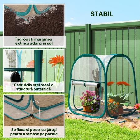  Mini Sera Pop-Up cu Acoperire din Plastic, Fereastra Rulabila si Geanta, 70x70x80 cm, Transparenta [5]