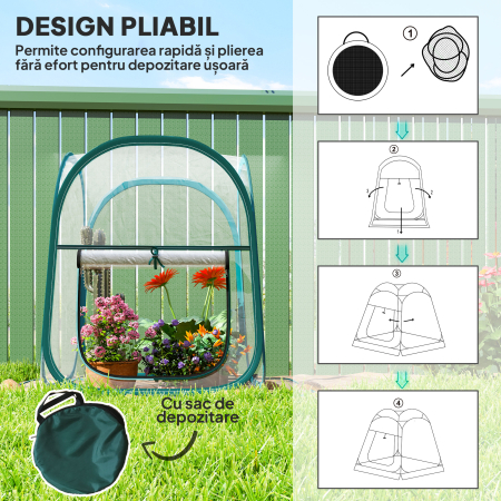  Mini Sera Pop-Up cu Acoperire din Plastic, Fereastra Rulabila si Geanta, 70x70x80 cm, Transparenta [3]