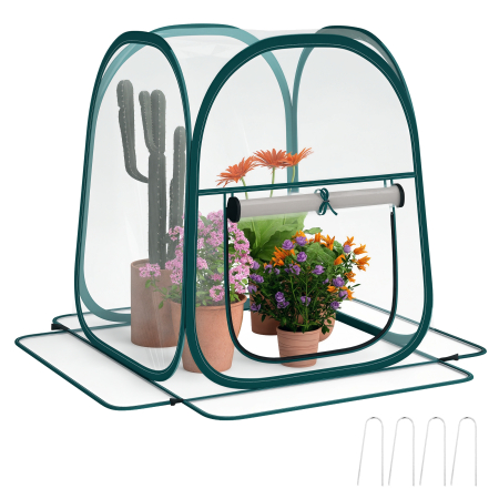 Prelate, pavilioane, umbrele terasa -  Mini Sera Pop-Up cu Acoperire din Plastic, Fereastra Rulabila si Geanta, 70x70x80 cm, Transparenta