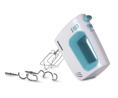 Electrocasnice - Mixer de mana Daewoo DHM122LB, 300 W, 0.8 kg, 5 viteze, 2 accesorii, 1 accesorii, functie turbo, Alb, Turcoaz