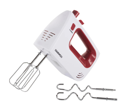 Mixer de mana Daewoo DHM122R, 300 W, 0.8 kg, 5 viteze, 2 accesorii, 1 accesorii, functie turbo, Alb, Rosu [1]