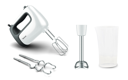 Bucatarie - Mixer de mana Prep'Mix HT462138, 500 W, 5 trepte de viteza, functie Turbo, 2 teluri, 2 carlige, picior pasator, pahar gradat, alb