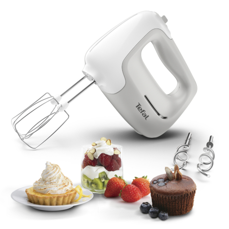 Mixer de mana Tefal Prep'Mix HT450B38, 450W, 5 trepte viteza, 2 teluri, 2 carlige, functie turbo, alb & gri [1]