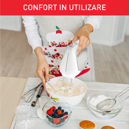 Mixer de mana Tefal Prep'Mix HT450B38, 450W, 5 trepte viteza, 2 teluri, 2 carlige, functie turbo, alb & gri [10]