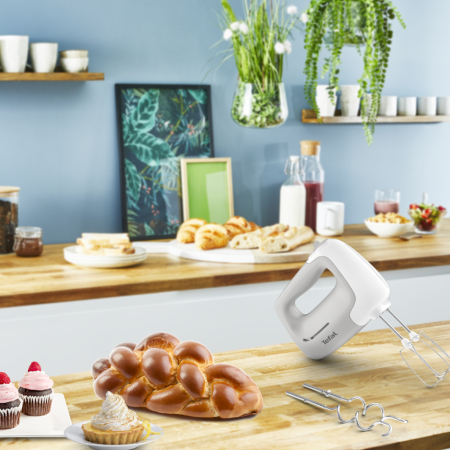 Mixer de mana Tefal Prep'Mix HT450B38, 450W, 5 trepte viteza, 2 teluri, 2 carlige, functie turbo, alb & gri [7]