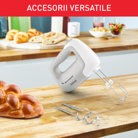 Mixer de mana Tefal Prep'Mix HT450B38, 450W, 5 trepte viteza, 2 teluri, 2 carlige, functie turbo, alb & gri [4]