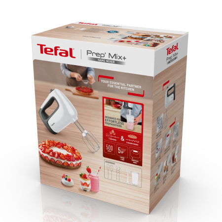 Mixer de mana Tefal Prep'Mix HT461138, 500W, 5 trepte viteza, functie turbo, 2 teluri, 2 carlige, picior pasator, pahar gradat, alb [13]