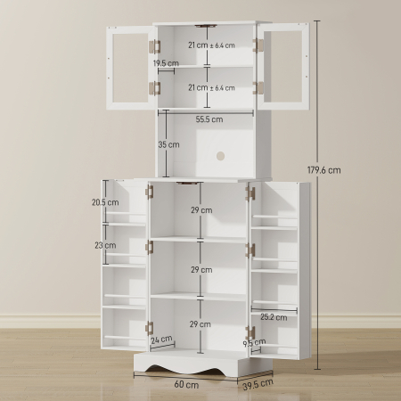  Mobila de Depozitare pentru Bucatarie cu 2 Dulapuri si 8 Rafturi, din Lemn si Acrilic, 60x39.5x179.6 cm, Alb [2]