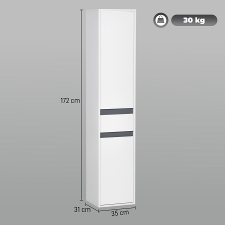  Mobilier baie tip coloana, 2 dulapuri + sertar central, alb, rafturi reglabile 35×31×172 cm [1]
