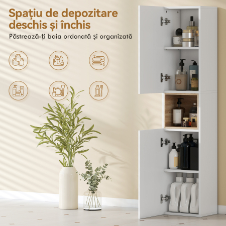  Mobilier de Baie cu 2 Usi, Rafturi Reglabile si Spatiu Deschis, Lemn, 30x24x140 cm, Alb [3]