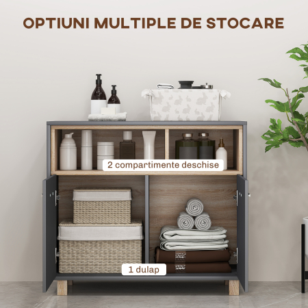  Mobilier de Baie cu Rafturi Deschise si Dulapior cu 2 Usi, Dulap de Baie Spatios cu Manere, 80x35x70 cm, Gri [3]