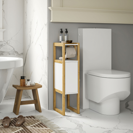  Mobilier de Baie cu Suport pentru Hartie Igienica, Dulap si Raft, Dulap Compact din Bambus, 20x33x80 cm, Alb [1]