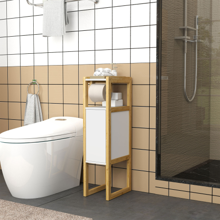  Mobilier de Baie cu Suport pentru Hartie Igienica, Dulap si Raft, Dulap Compact din Bambus, 20x33x80 cm, Alb [7]
