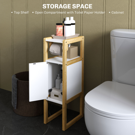  Mobilier de Baie cu Suport pentru Hartie Igienica, Dulap si Raft, Dulap Compact din Bambus, 20x33x80 cm, Alb [3]