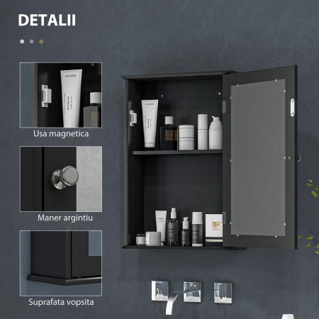  Mobilier de Baie Dulap Suspendat cu Oglinda 41x14x60cm Negru [5]