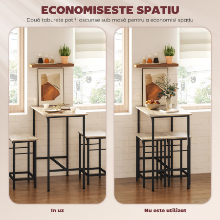  Mobilier de Bar 3 Piese cu Masa de Bucatarie si 2 Scaune de Bar din Lemn si Otel, culoare Lemn si Negru [4]