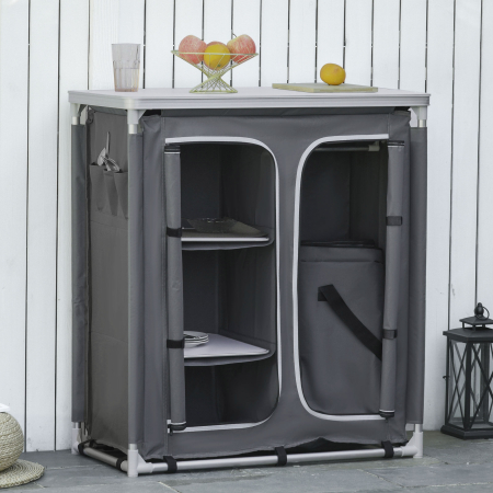  Mobilier de Bucatarie de Camping cu 3 Etajere si Geanta de Transport Gri [1]
