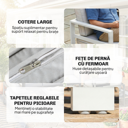  Mobilier de Gradina din Aluminiu cu Canapea 3 Locuri, 2 Fotolii si Masa pentru Exterior, Alb [7]