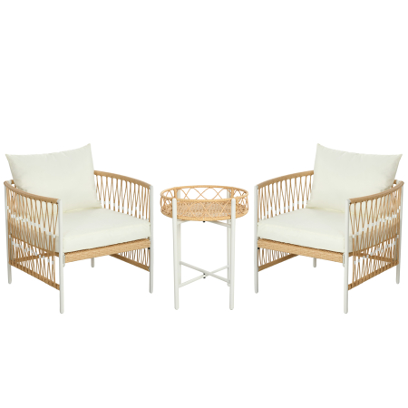 Gradina & balcon -  Mobilier din 3 Piese pentru Terasa, Set din 2 Canapele si o Masuta de Cafea pentru Exterior din Ratan, 72x66x64 cm, Crem