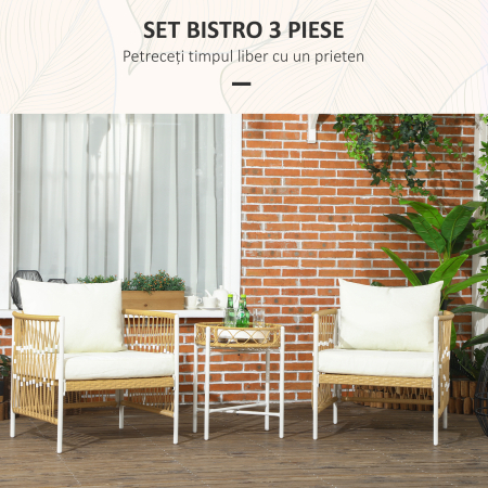  Mobilier din 3 Piese pentru Terasa, Set din 2 Canapele si o Masuta de Cafea pentru Exterior din Ratan, 72x66x64 cm, Crem [3]
