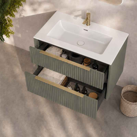 Mobilier lavoar Fluminia Istria 80, 2 sertare, front riflat, maner auriu, salvia [2]