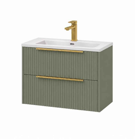 Baie - Mobilier lavoar Fluminia Istria 80, 2 sertare, front riflat, maner auriu, salvia