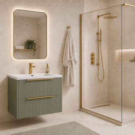 Mobilier lavoar Fluminia Istria 80, 2 sertare, front riflat, maner auriu, salvia [3]
