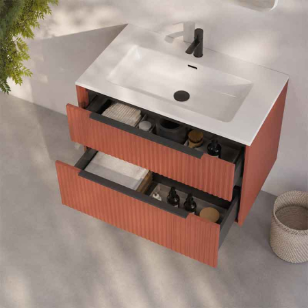 Mobilier lavoar Fluminia Istria 80, 2 sertare, front riflat, maner negru, mattone [2]
