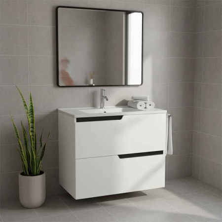 Mobilier lavoar incastrat Fluminia Bari 60, 2 sertare soft close, manere frezate, alb mat [2]