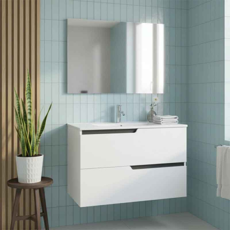 Mobilier lavoar incastrat Fluminia Bari 80, 2 sertare soft close, manere frezate, alb mat [2]