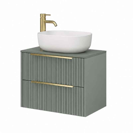 Baie - Mobilier lavoar pe blat Fluminia Istria 80, 2 sertare, front riflat, salvia, maner auriu